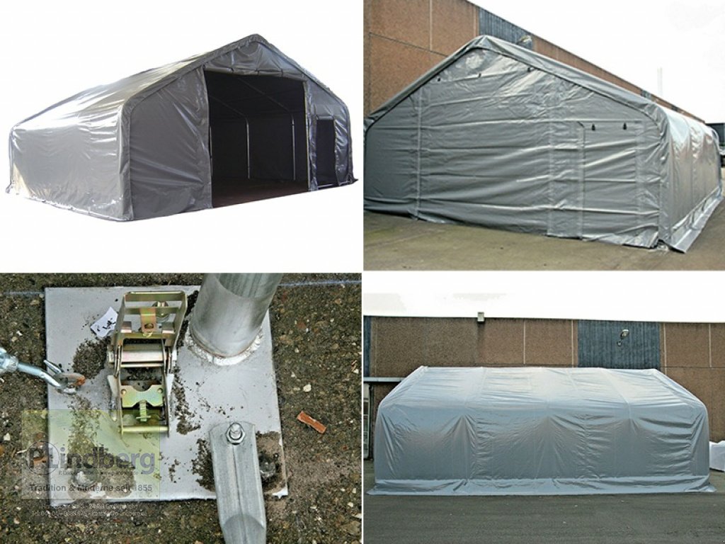 Zelthalle des Typs P.Lindberg GmbH Robuste Zelthalle 9,15 x 7,9 x 4,2m PVC-Plane 650 Gramm/m² Stahlrahmen Garage Unterstand Materiallager, Neumaschine in Großenwiehe (Bild 1)