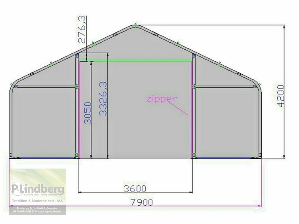 Zelthalle des Typs P.Lindberg GmbH Robuste Zelthalle 9,15 x 7,9 x 4,2m PVC-Plane 650 Gramm/m² Stahlrahmen Garage Unterstand Materiallager, Neumaschine in Großenwiehe (Bild 2)