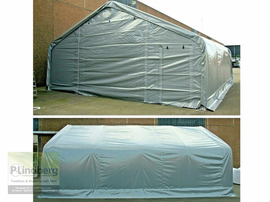 Zelthalle des Typs P.Lindberg GmbH Robuste Zelthalle 9,15 x 7,9 x 4,2m PVC-Plane 650 Gramm/m² Stahlrahmen Garage Unterstand Materiallager, Neumaschine in Großenwiehe (Bild 4)